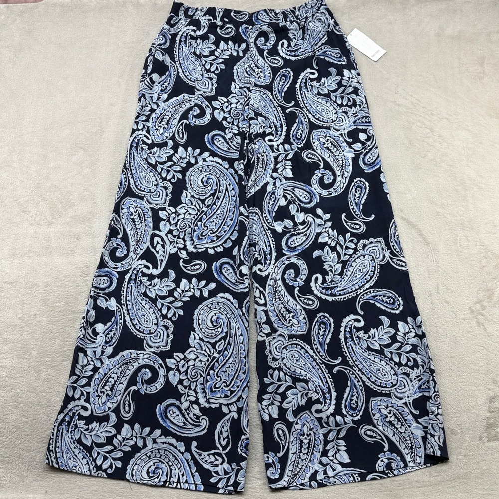 Karen Kane Wide Leg Pants Women L Blue Paisley Elastic Waist Pockets Boho Resort